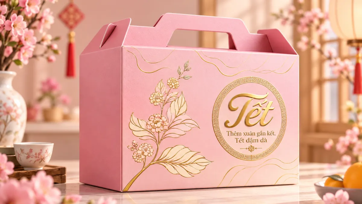 Hộp giấy quai xách màu hồng pastel ép kim vàng chữ Tết, họa tiết nhành hoa, bên cạnh cành hoa đào